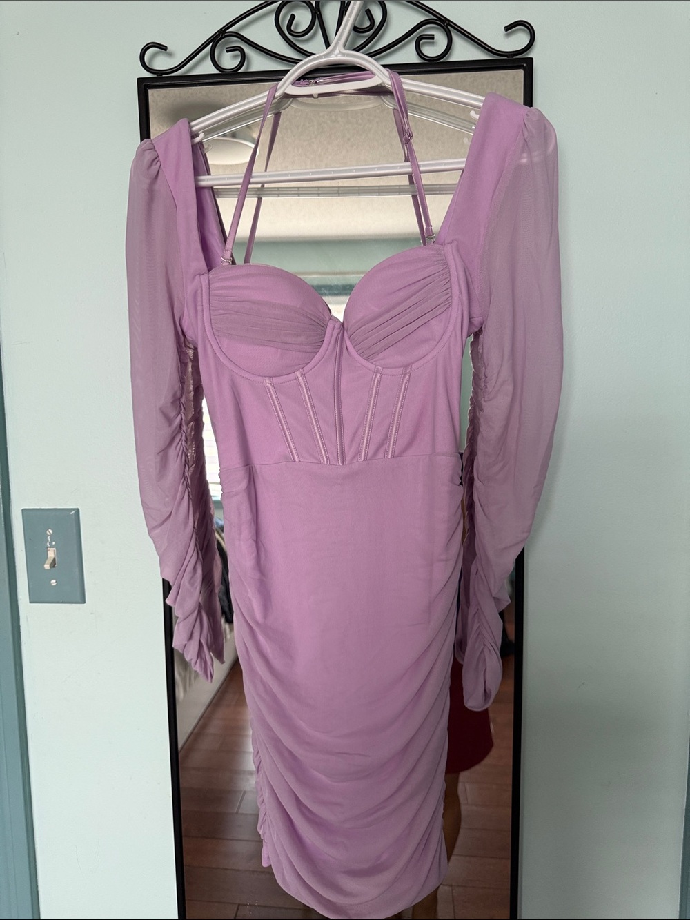 SHEIN Lilac Ruched Mesh Sleeve Bodycon Dress with Underwire